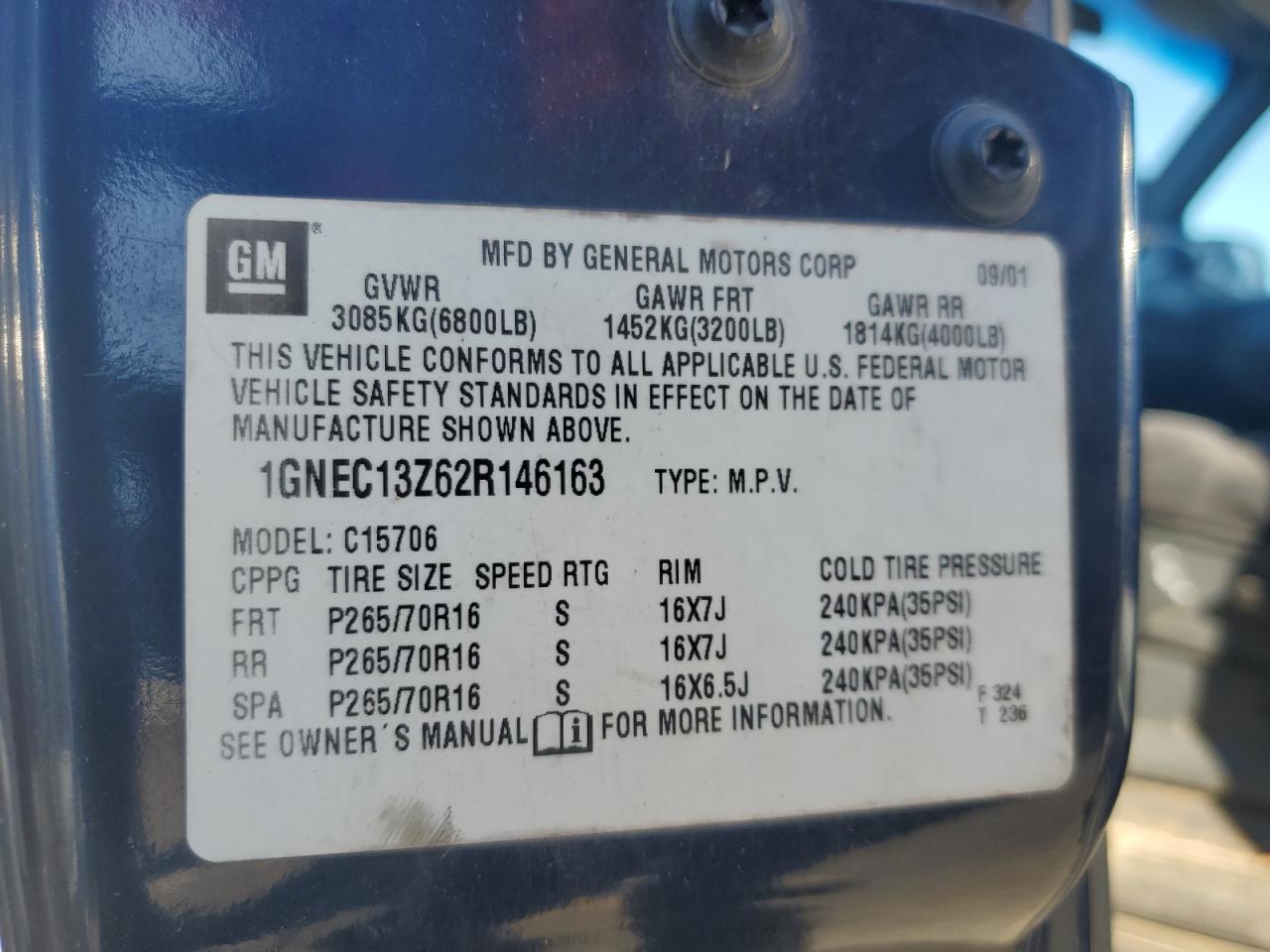 2002 Chevrolet Tahoe C1500 VIN: 1GNEC13Z62R146163 Lot: 85871005