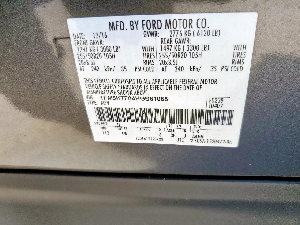 2017 Ford Explorer Limited VIN: 1FM5K7F84HGB81088 Lot: 85560115