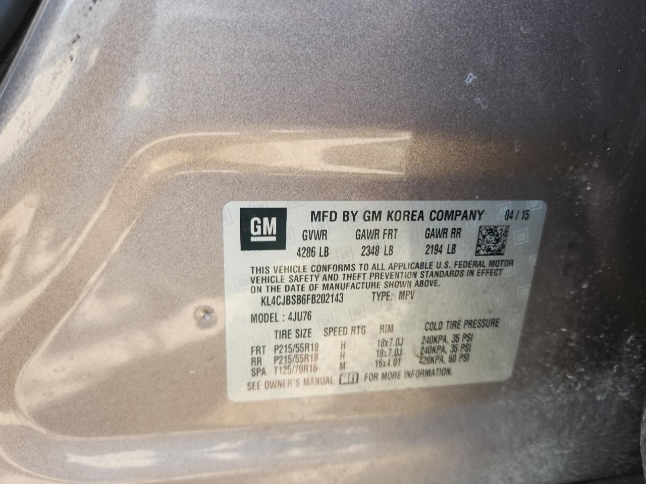 2015 Buick Encore Convenience VIN: KL4CJBSB6FB202143 Lot: 86529675