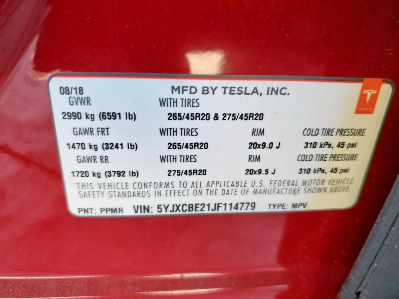 2018 Tesla Model X VIN: 5YJXCBE21JF114779 Lot: 85651995