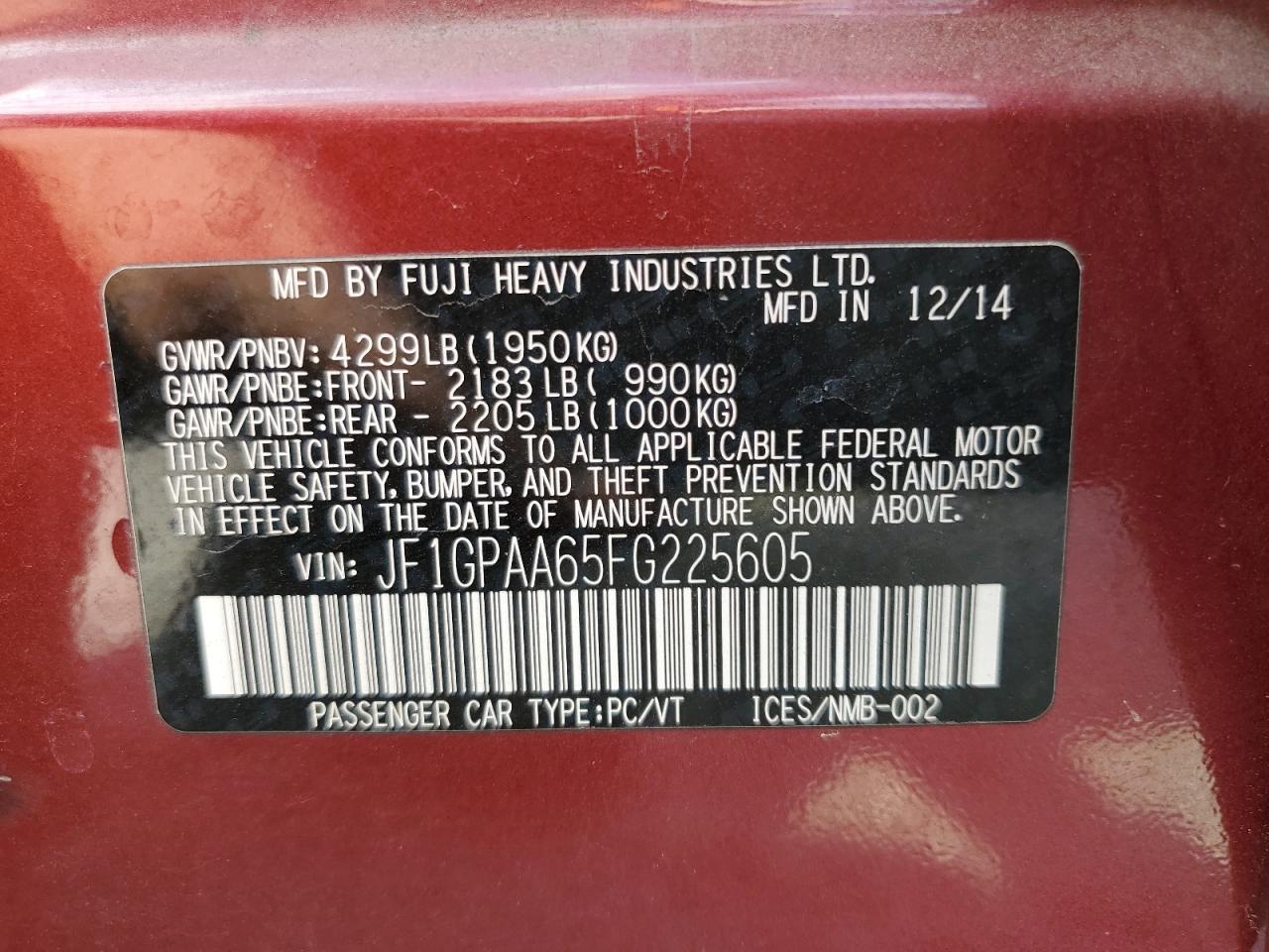 2015 Subaru Impreza VIN: JF1GPAA65FG225605 Lot: 86121965
