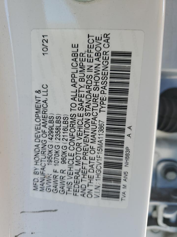 2021 Honda Accord Lx VIN: 1HGCV1F15MA113867 Lot: 84708515