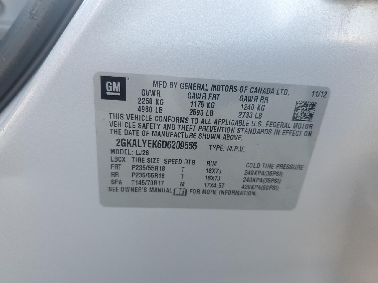 2013 GMC Terrain Denali VIN: 2GKALYEK6D6209555 Lot: 86612015