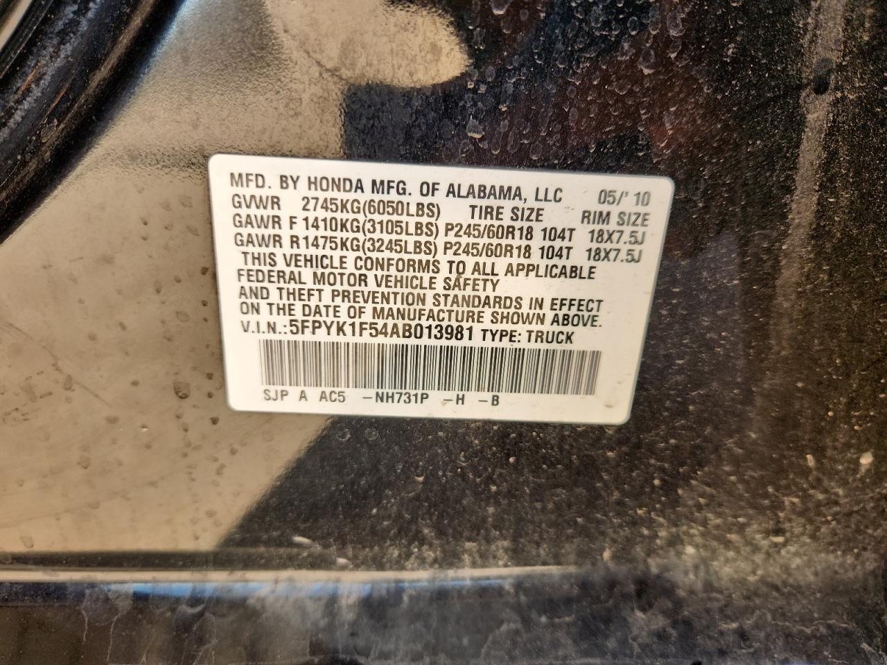 2010 Honda Ridgeline Rtl VIN: 5FPYK1F54AB013981 Lot: 86597055