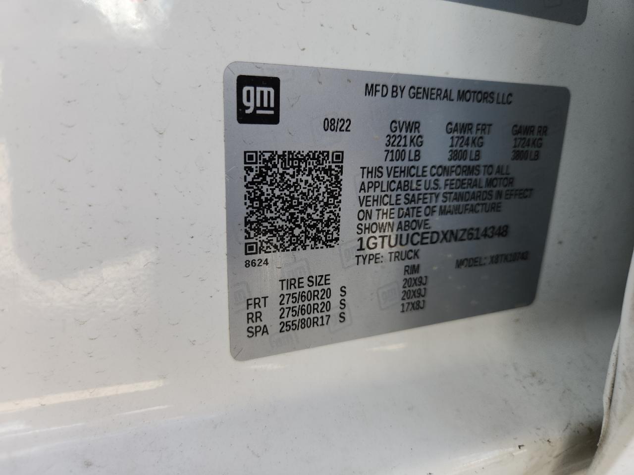 2022 GMC Sierra K1500 Elevation VIN: 1GTUUCEDXNZ614348 Lot: 86040355