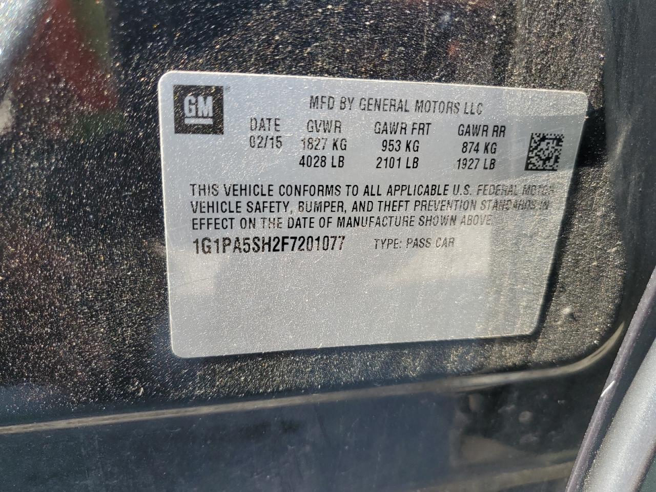 2015 Chevrolet Cruze Ls VIN: 1G1PA5SH2F7201077 Lot: 84066575