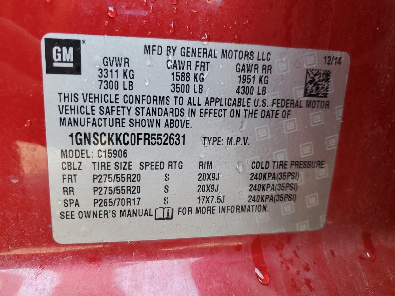 2015 Chevrolet Suburban C1500 Ltz VIN: 1GNSCKKC0FR552631 Lot: 82157695