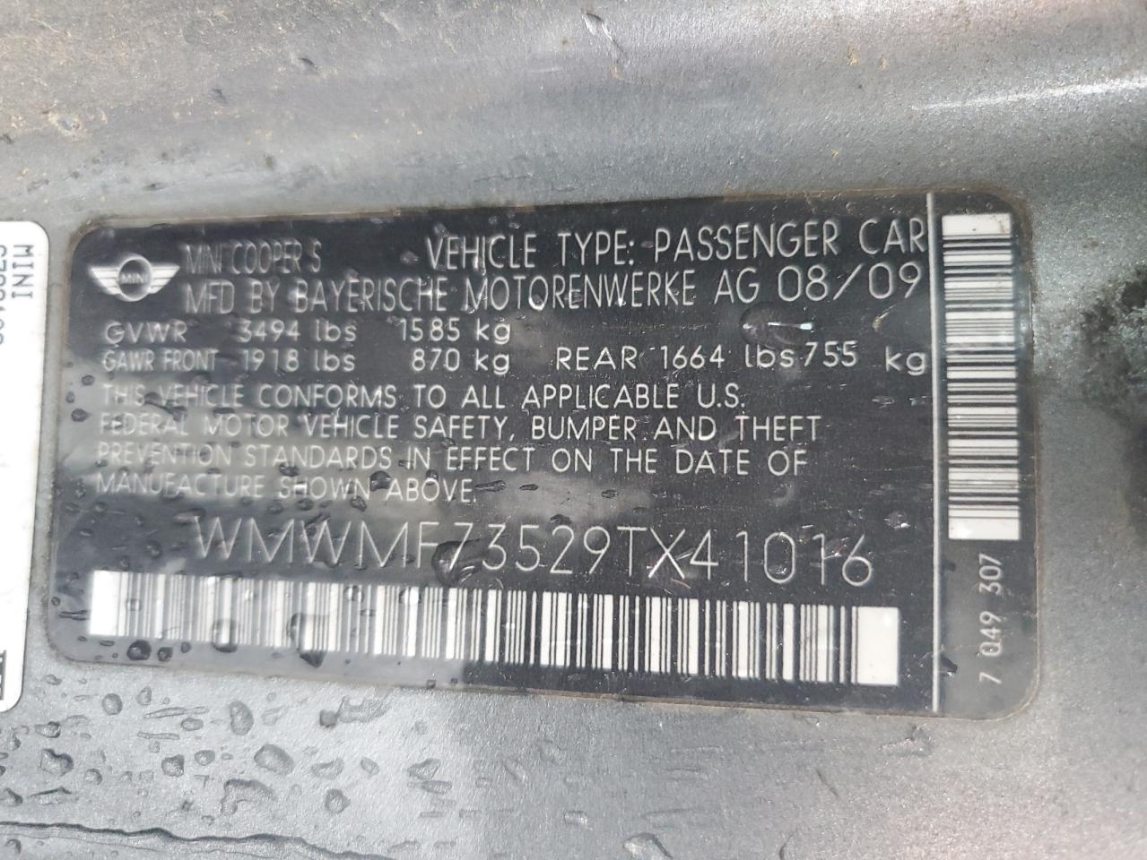 2009 Mini Cooper S VIN: WMWMF73529TX41016 Lot: 84722035