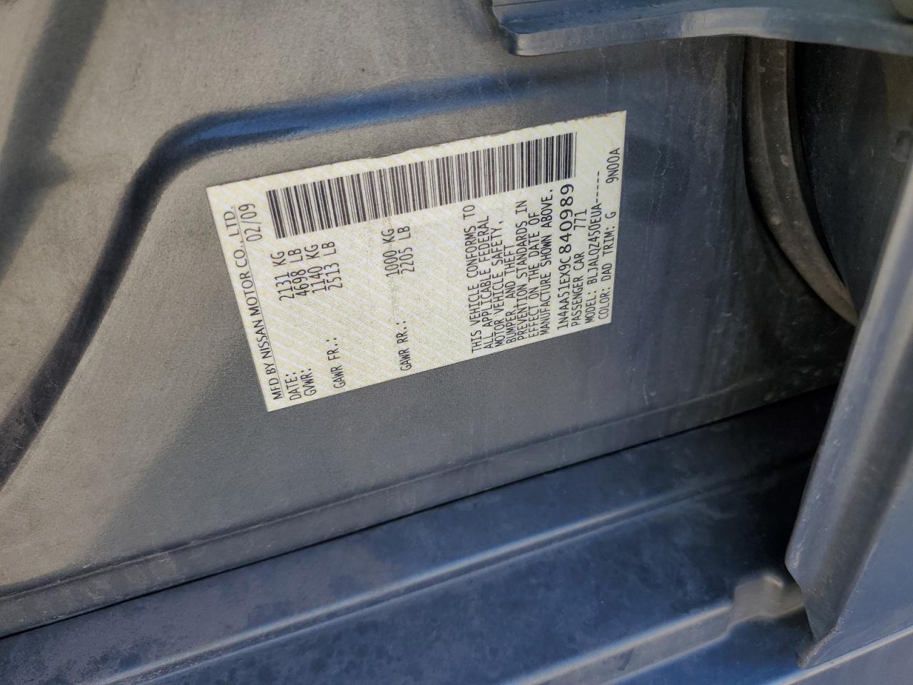 2009 Nissan Maxima S VIN: 1N4AA51EX9C840989 Lot: 82228005