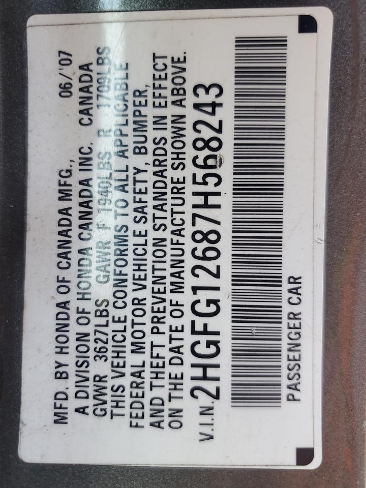 2007 Honda Civic Lx VIN: 2HGFG12687H568243 Lot: 85195055