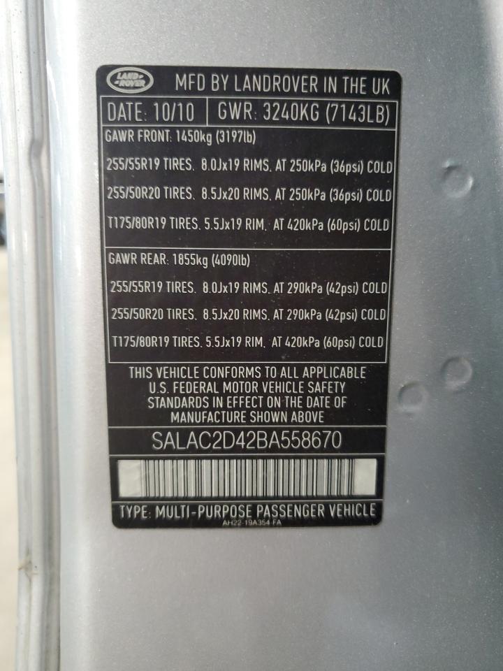 2011 Land Rover Lr4 VIN: SALAC2D42BA558670 Lot: 86984695