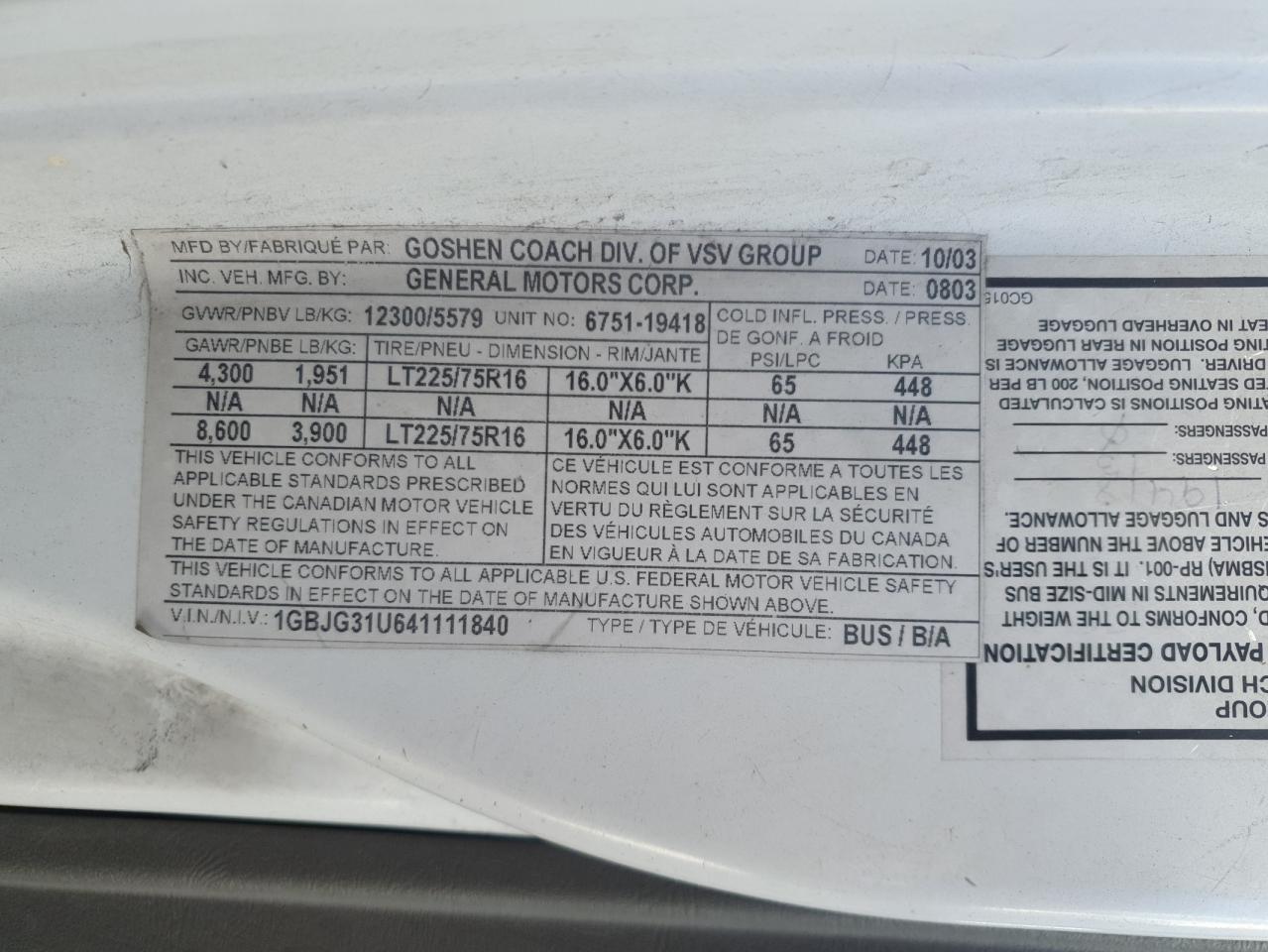 2004 Chevrolet Express G3500 VIN: 1GBJG31U641111840 Lot: 85354755
