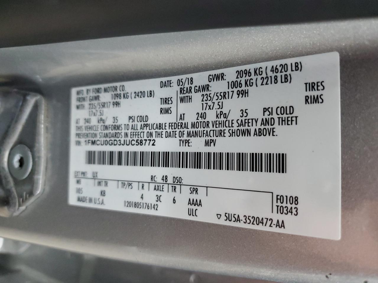 2018 Ford Escape Se VIN: 1FMCU0GD3JUC58772 Lot: 90476765