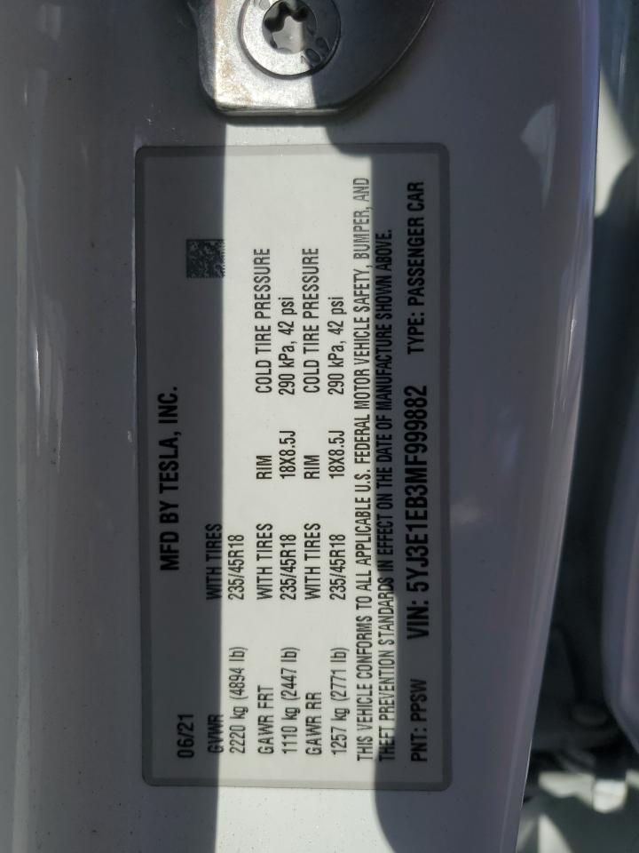 2021 Tesla Model 3 VIN: 5YJ3E1EB3MF999882 Lot: 85343105