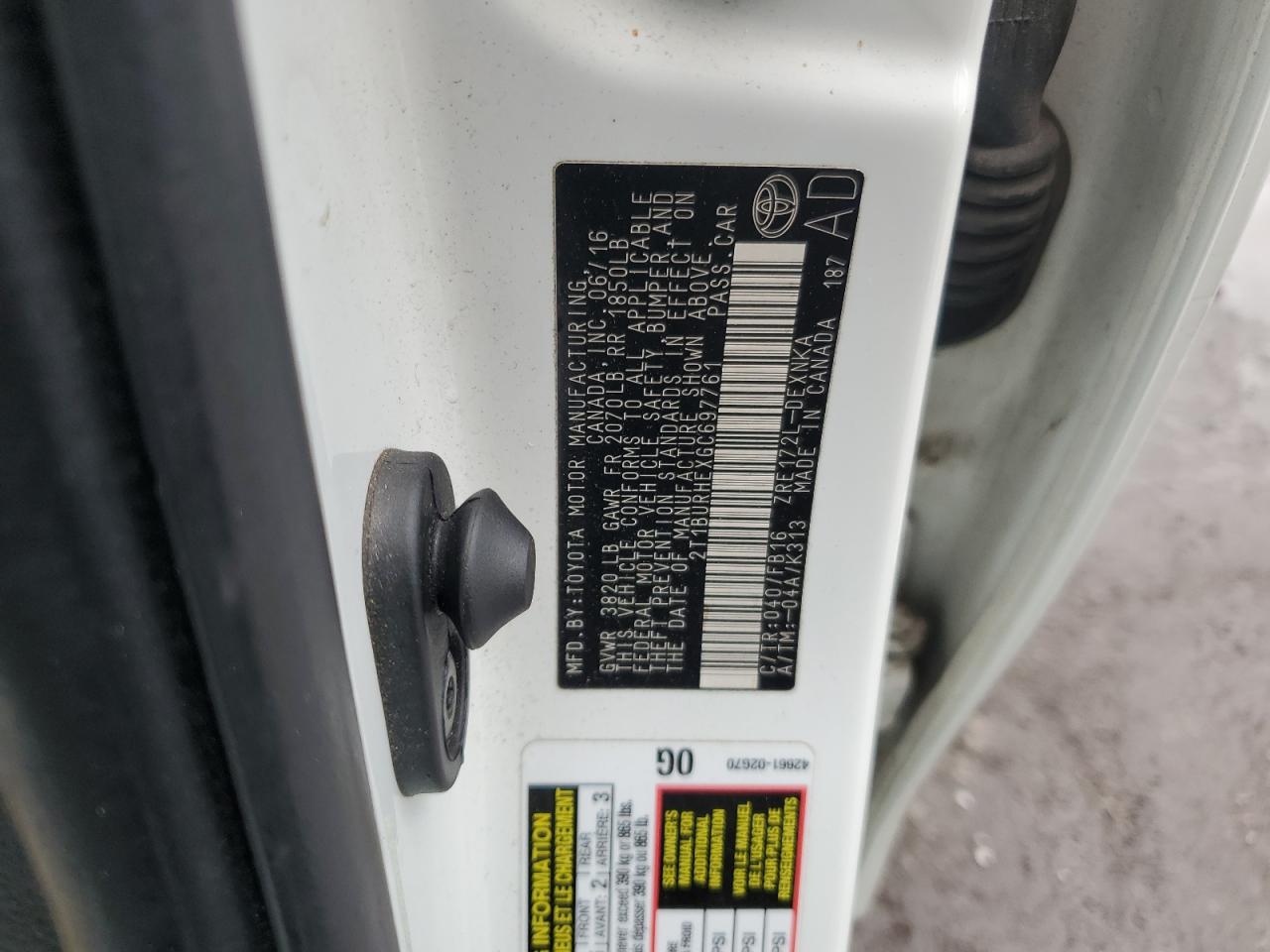 2016 Toyota Corolla L VIN: 2T1BURHEXGC697761 Lot: 85258685