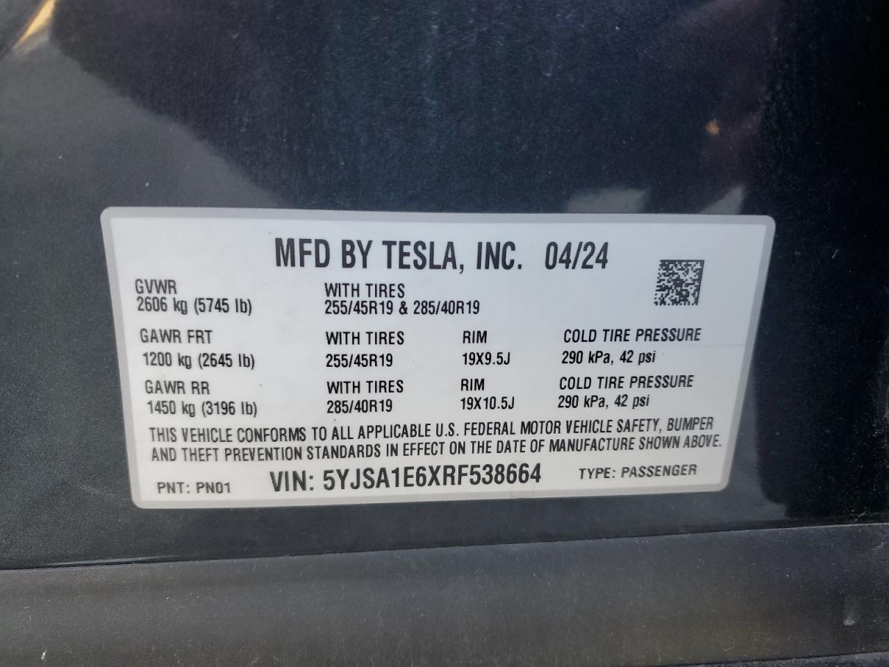 2024 Tesla Model S VIN: 5YJSA1E6XRF538664 Lot: 84923915