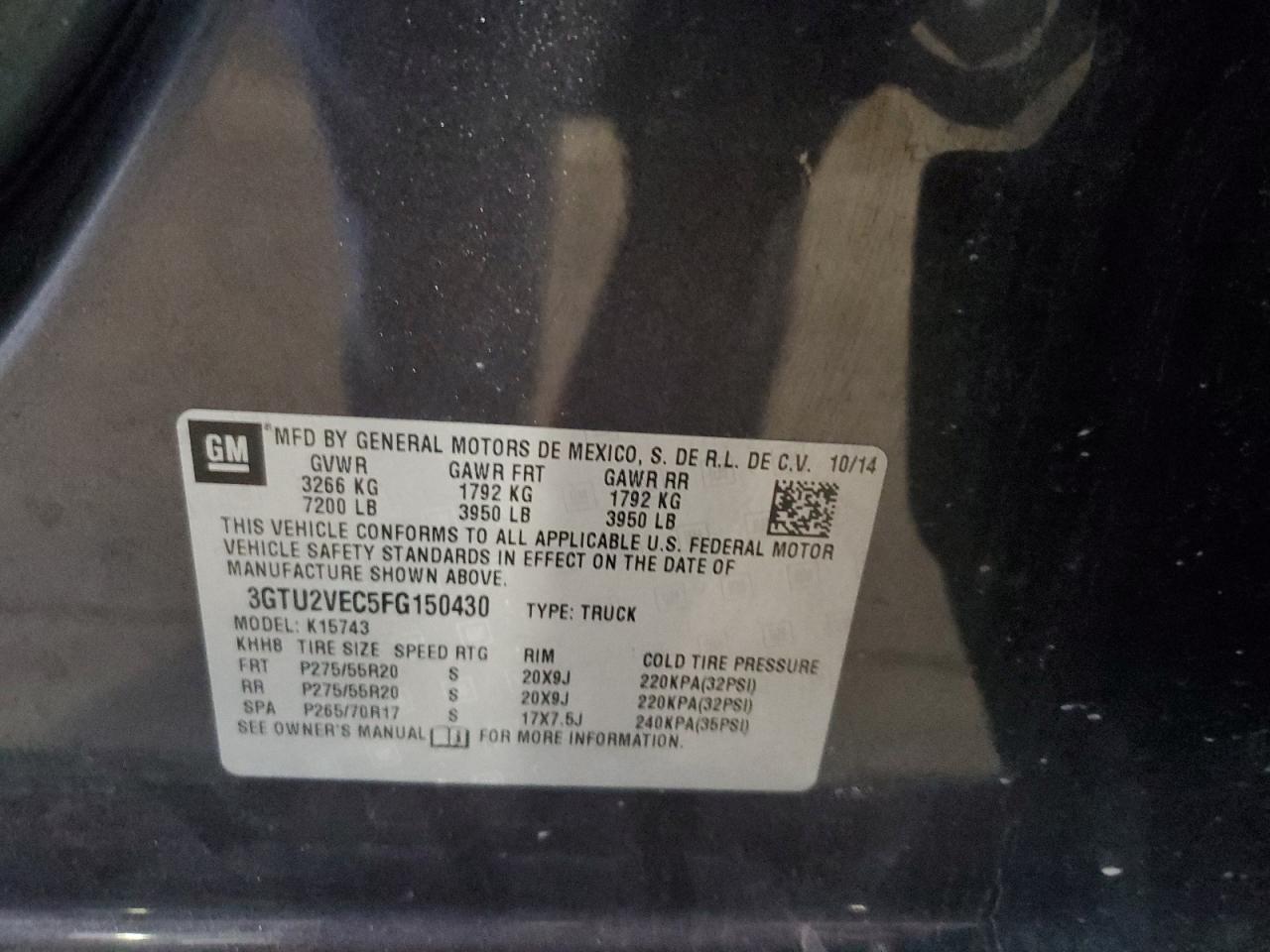 2015 GMC Sierra K1500 Slt VIN: 3GTU2VEC5FG150430 Lot: 87419955