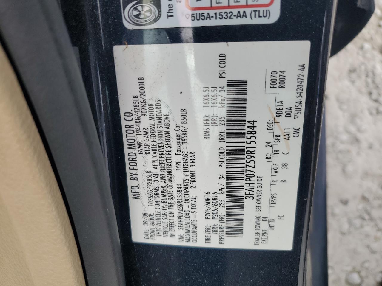 2009 Ford Fusion Se VIN: 3FAHP07Z59R155844 Lot: 85076285