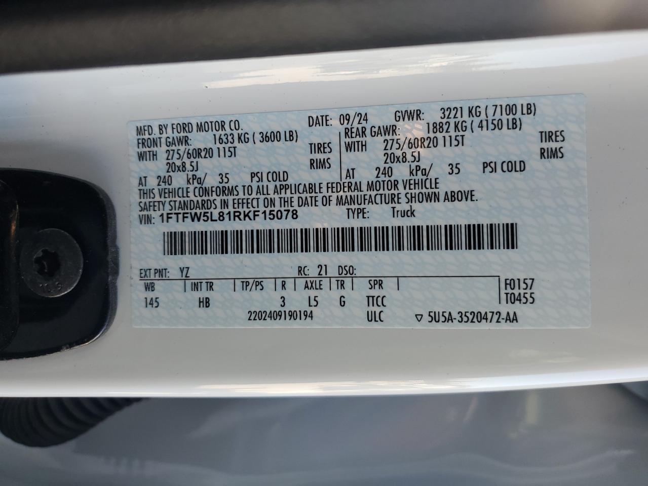 2024 Ford F150 Lariat VIN: 1FTFW5L81RKF15078 Lot: 82722275