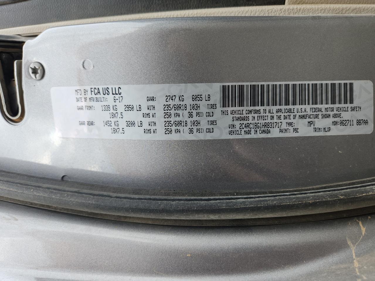 2017 Chrysler Pacifica Touring L VIN: 2C4RC1BG1HR831717 Lot: 87287205