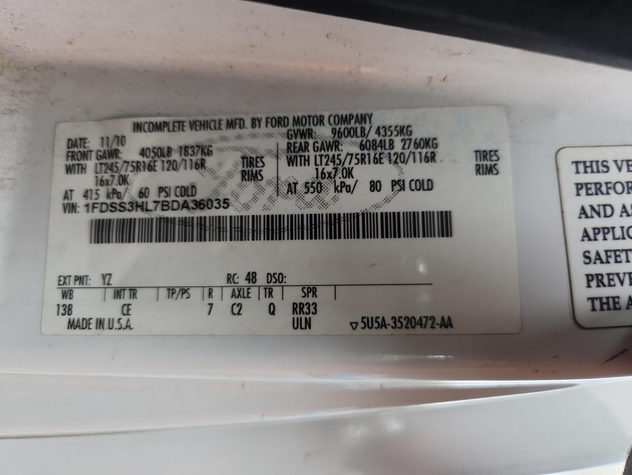 2011 Ford E350 Delivery Truck VIN: 1FDSS3HL7BDA36035 Lot: 82655495