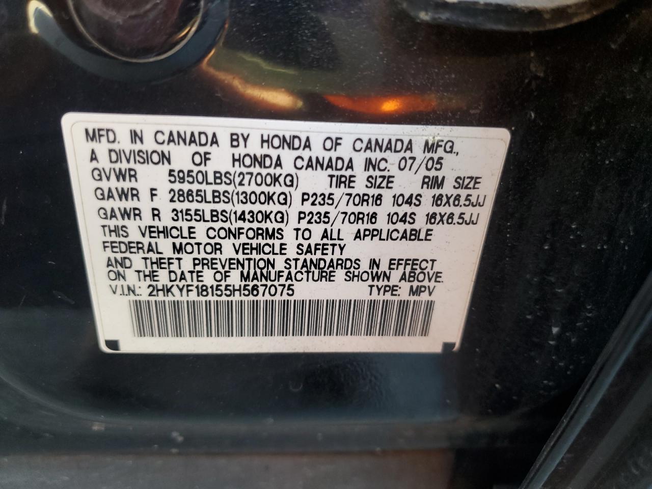 2005 Honda Pilot Lx VIN: 2HKYF18155H567075 Lot: 89555435