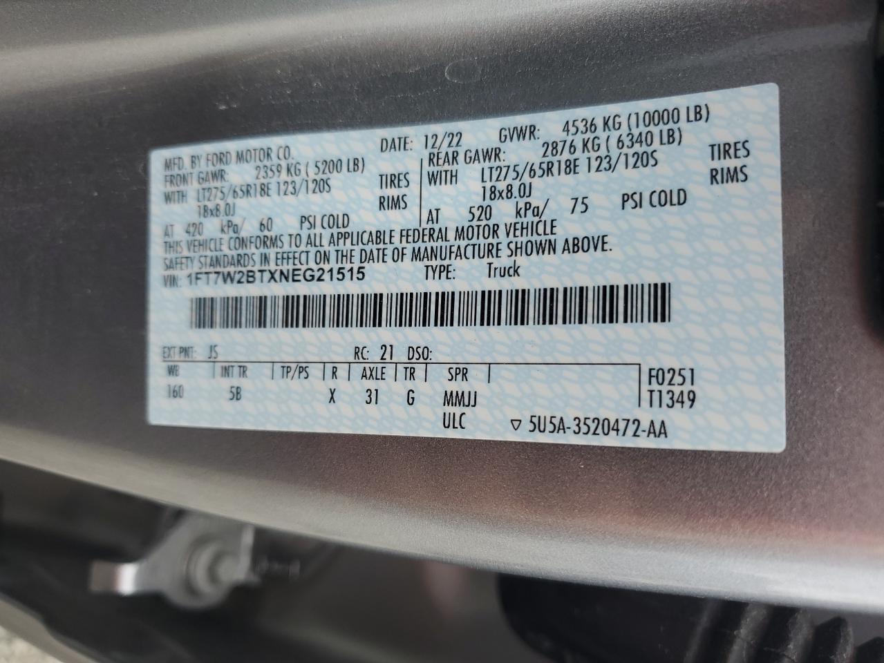 2022 Ford F250 Super Duty VIN: 1FT7W2BTXNEG21515 Lot: 85267655