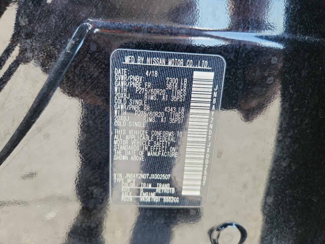 2018 Nissan Armada Sv VIN: JN8AY2ND7JX002507 Lot: 86070165