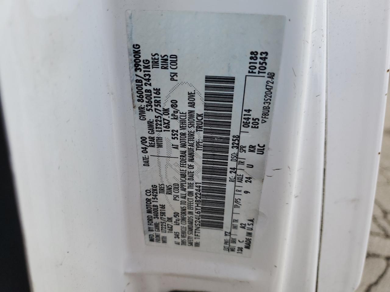 2000 Ford Econoline E250 Van VIN: 1FTNS24L6YHB22441 Lot: 89921685