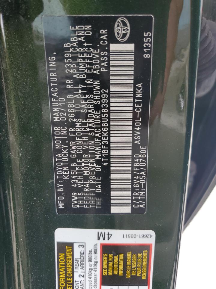 2011 Toyota Camry Base VIN: 4T1BF3EK6BU583992 Lot: 85929095