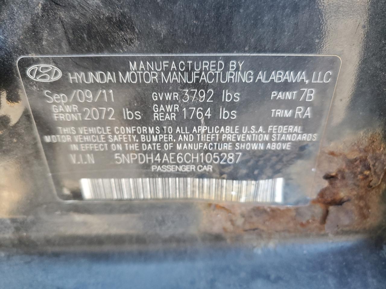 2012 Hyundai Elantra Gls VIN: 5NPDH4AE6CH105287 Lot: 85653825