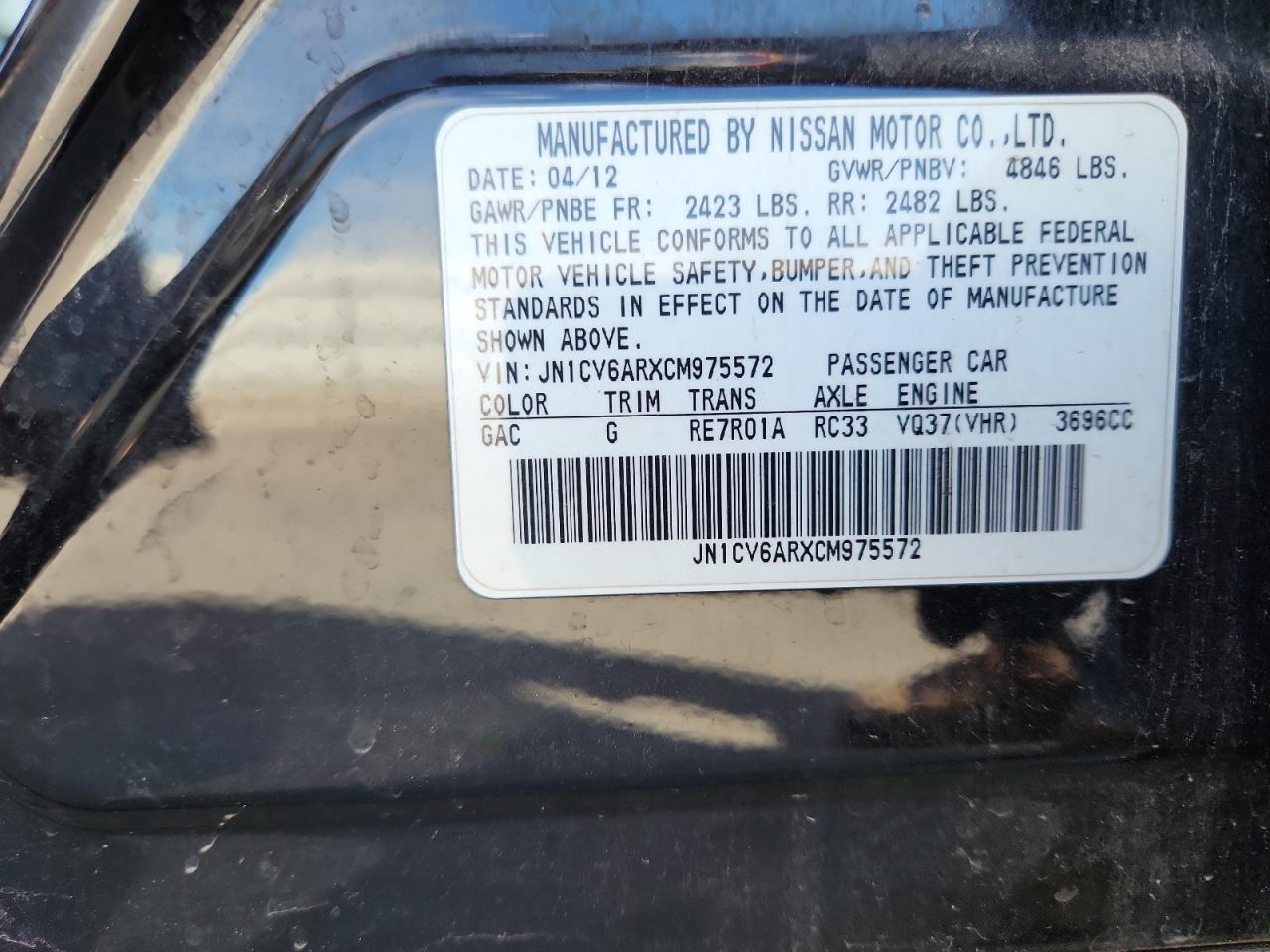 2012 Infiniti G37 VIN: JN1CV6ARXCM975572 Lot: 91082335