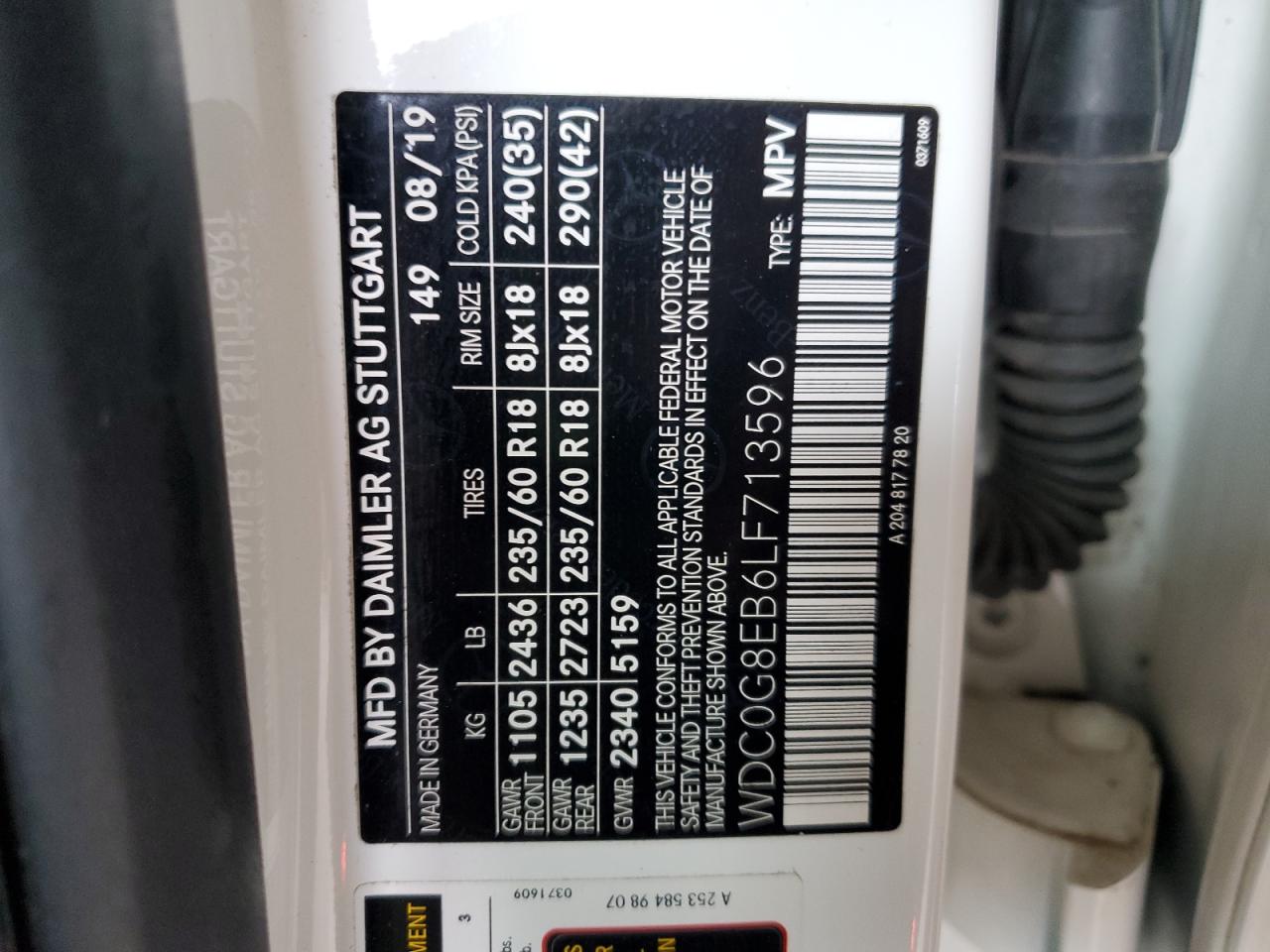 2020 Mercedes-Benz Glc 300 4Matic VIN: WDC0G8EB6LF713596 Lot: 89678565