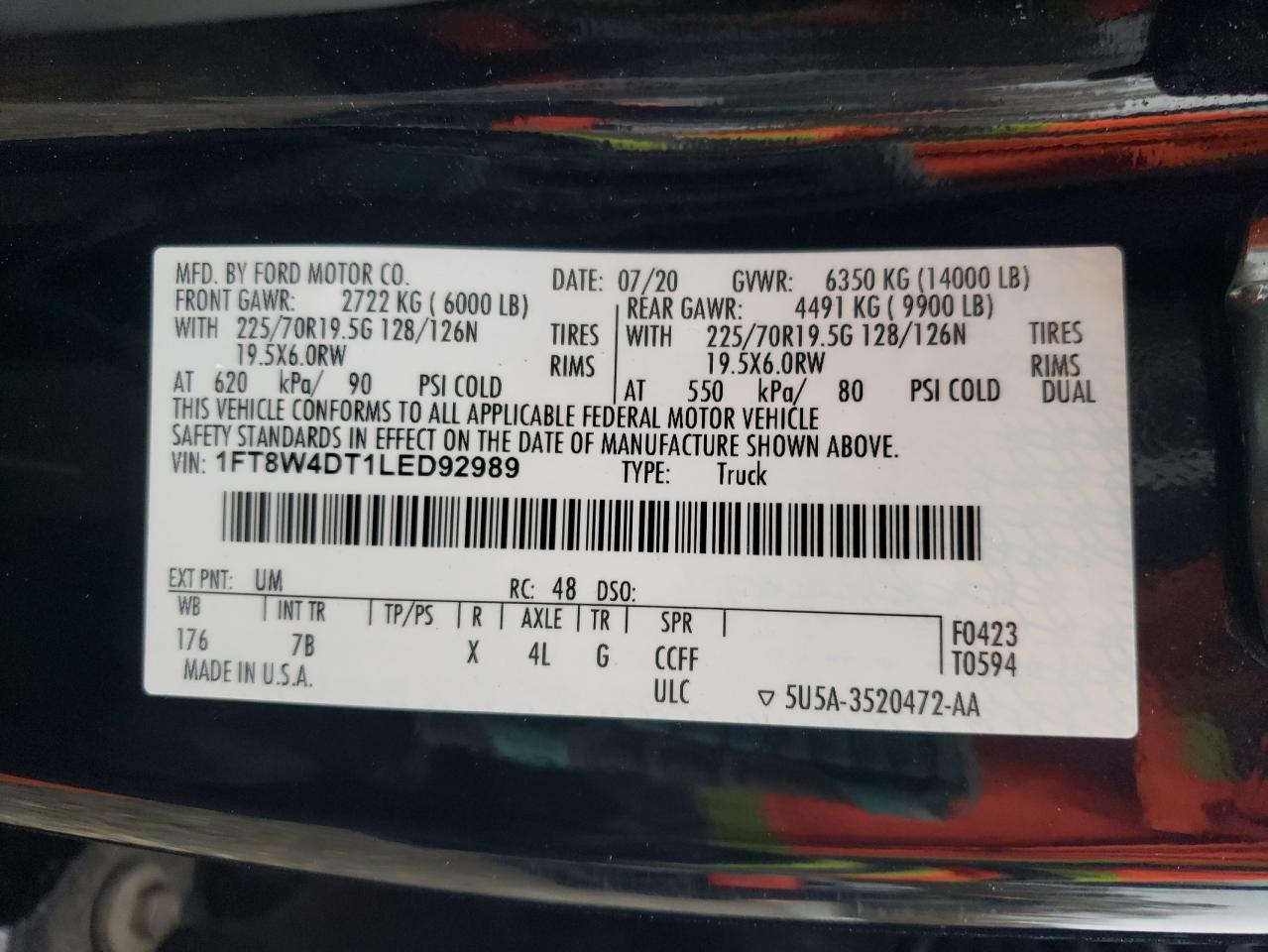 2020 Ford F450 Super Duty VIN: 1FT8W4DT1LED92989 Lot: 85910215