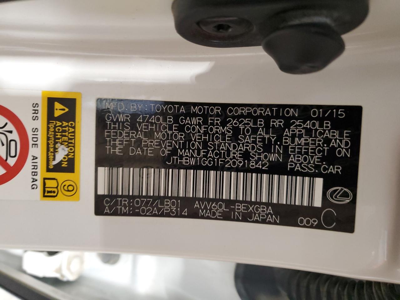 2015 Lexus Es 300H VIN: JTHBW1GG1F2091842 Lot: 85505845