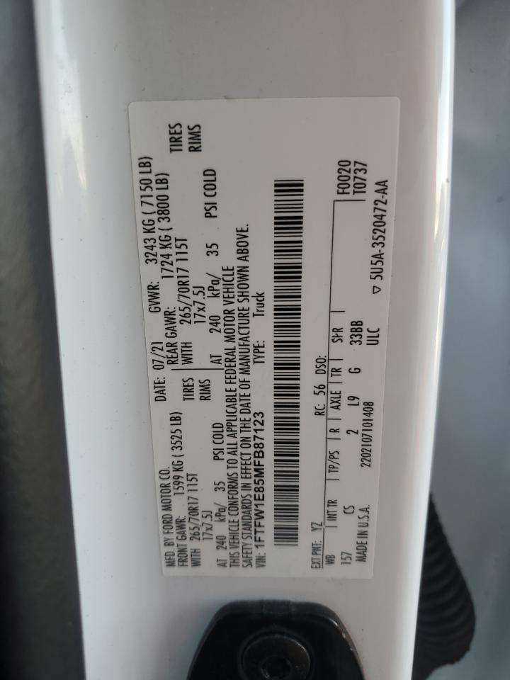 2021 Ford F150 Supercrew VIN: 1FTFW1E85MFB87123 Lot: 90485825