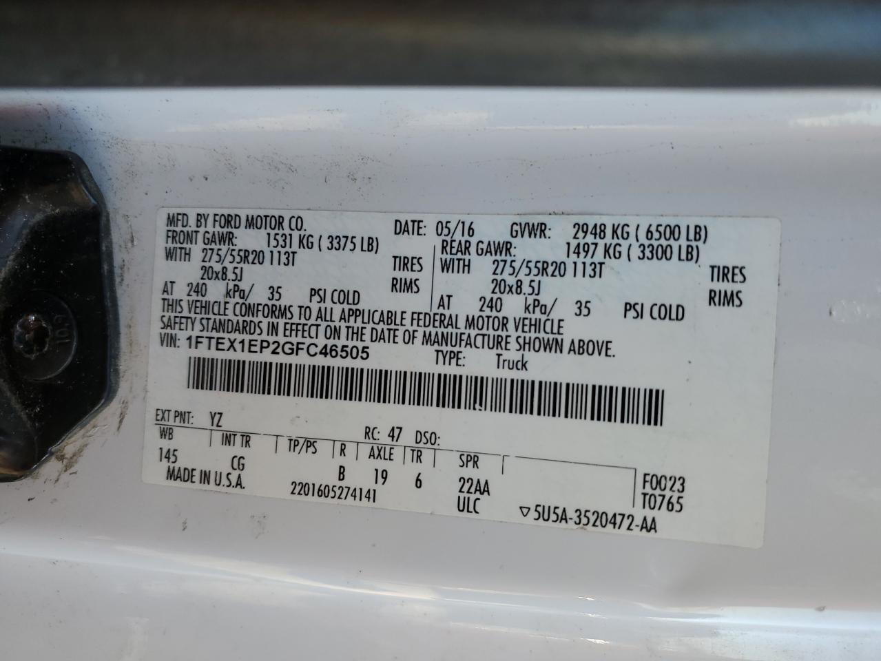 2016 Ford F150 Super Cab VIN: 1FTEX1EP2GFC46505 Lot: 86479095