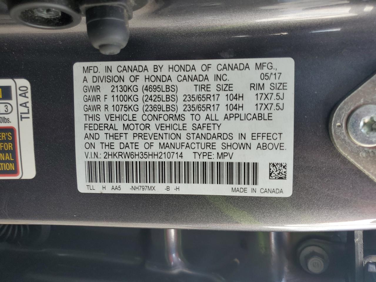 2017 Honda Cr-V Lx VIN: 2HKRW6H35HH210714 Lot: 85727895