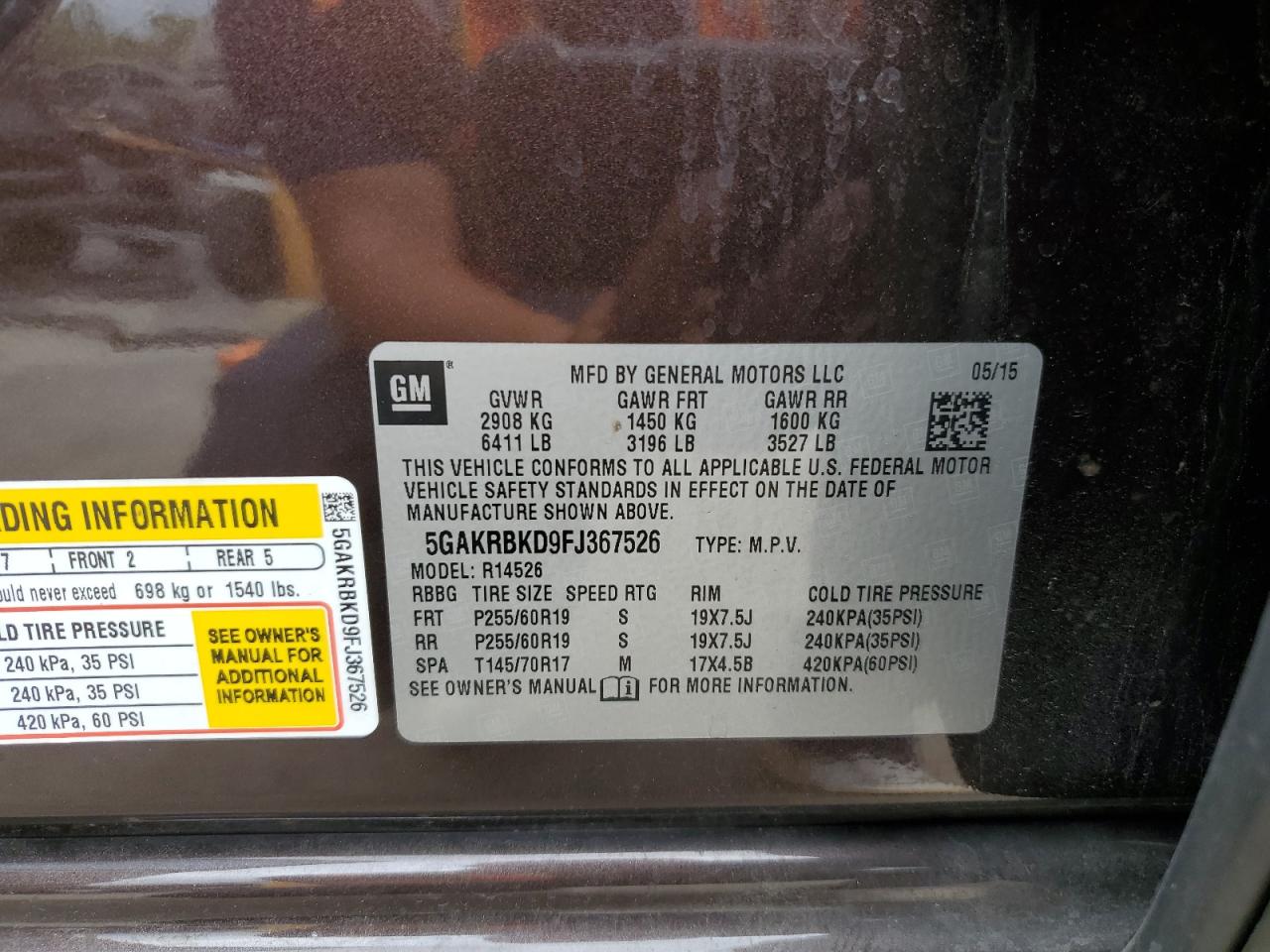 2015 Buick Enclave VIN: 5GAKRBKD9FJ367526 Lot: 86986985