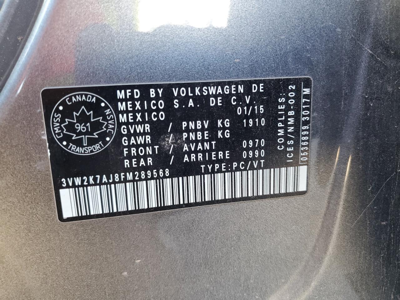 2015 Volkswagen Jetta Base VIN: 3VW2K7AJ8FM289568 Lot: 85385805