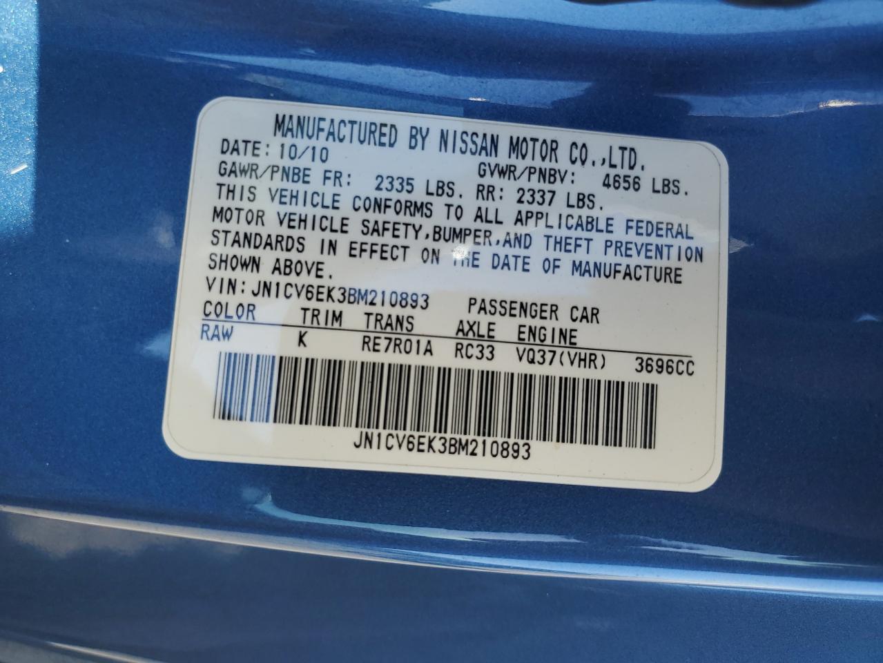 2011 Infiniti G37 Base VIN: JN1CV6EK3BM210893 Lot: 85318485