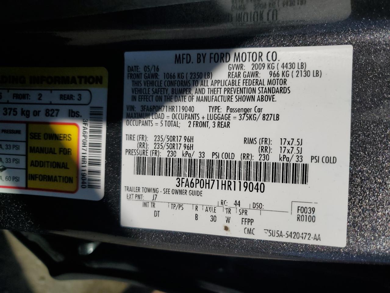 2017 Ford Fusion Se VIN: 3FA6P0H71HR119040 Lot: 87437865