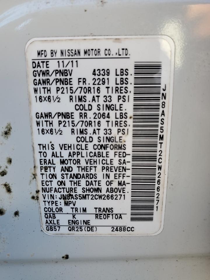 2012 Nissan Rogue S VIN: JN8AS5MT2CW266271 Lot: 86145435