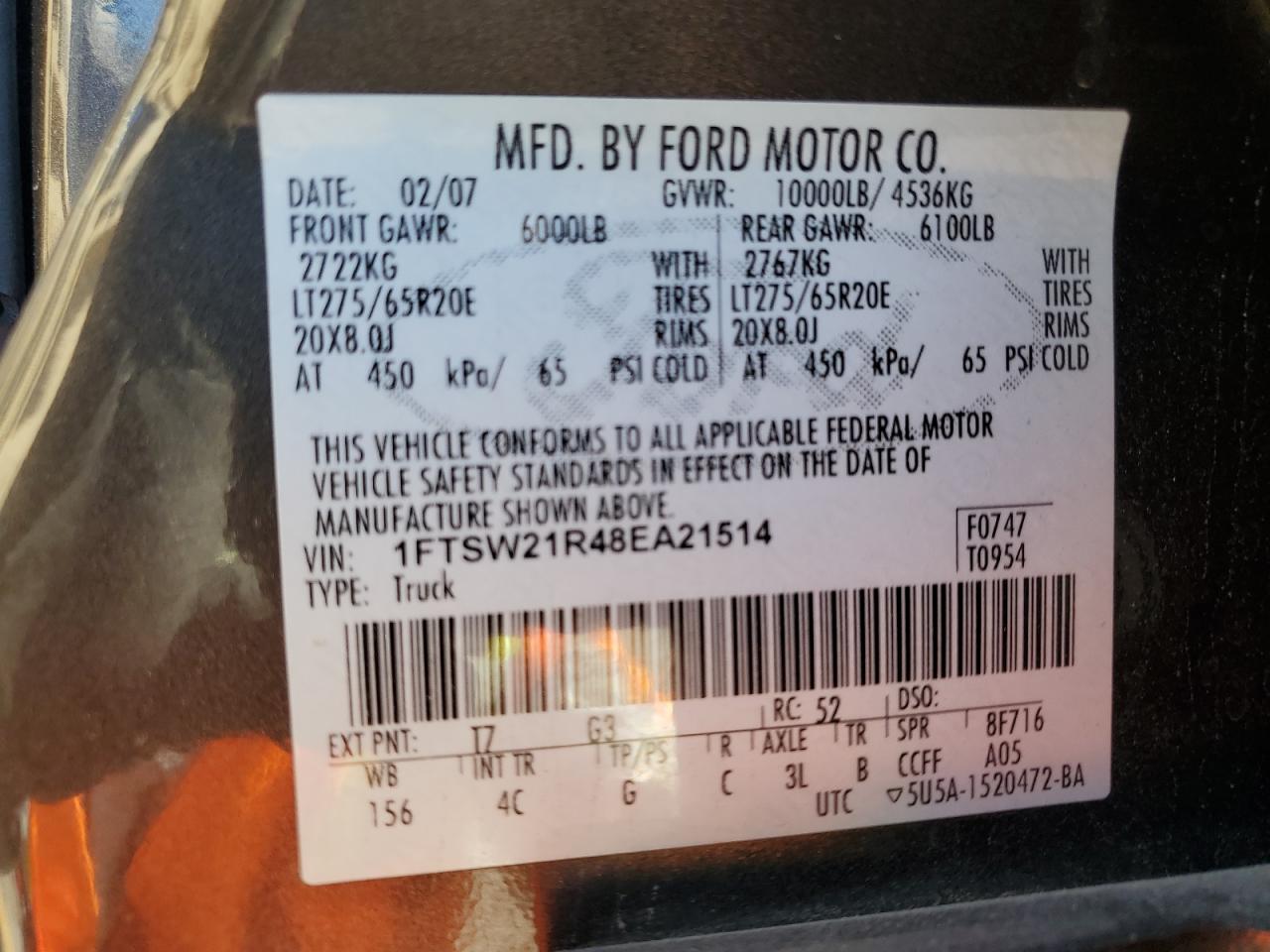 2008 Ford F250 Super Duty VIN: 1FTSW21R48EA21514 Lot: 85586405