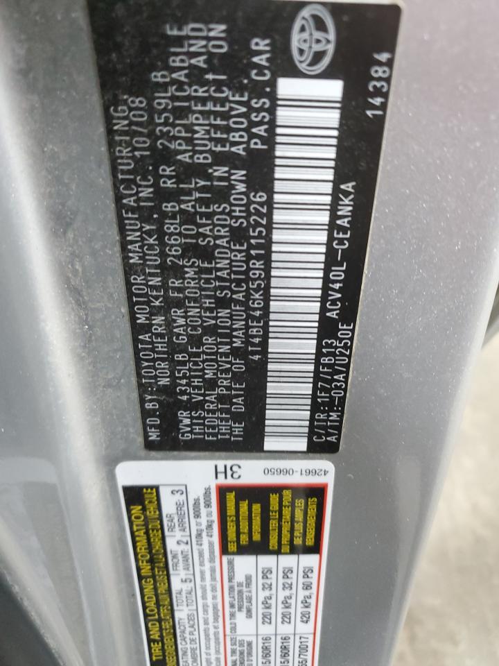 2009 Toyota Camry Base VIN: 4T4BE46K59R115226 Lot: 84924575