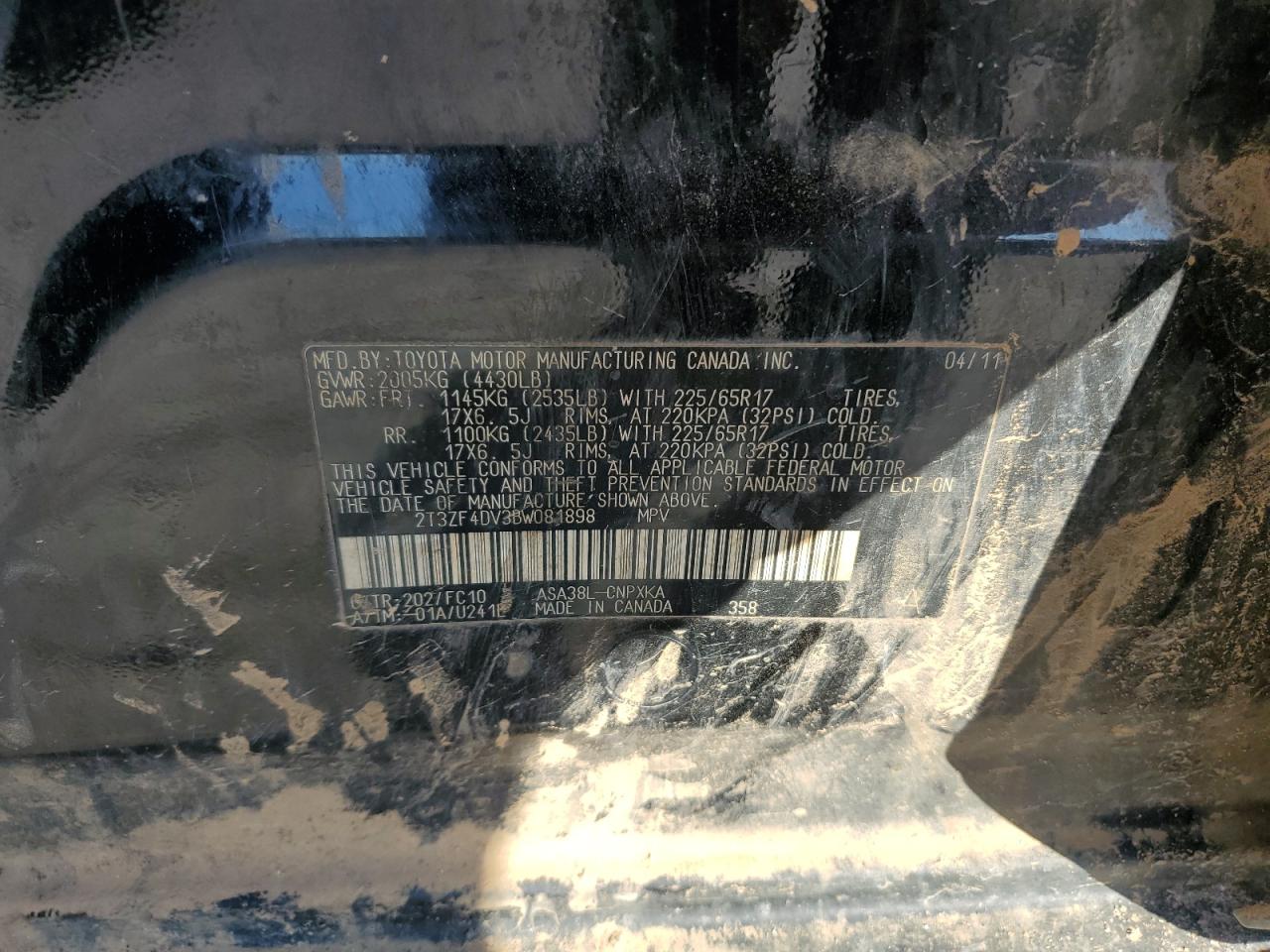 2011 Toyota Rav4 VIN: 2T3ZF4DV3BW081898 Lot: 86101395