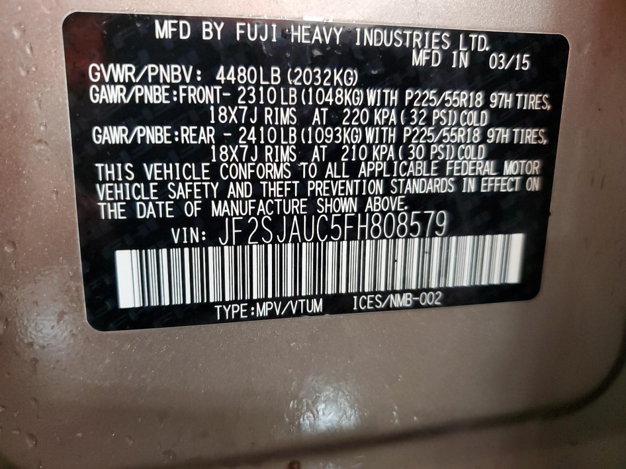 2015 Subaru Forester 2.5I Touring VIN: JF2SJAUC5FH808579 Lot: 85580155