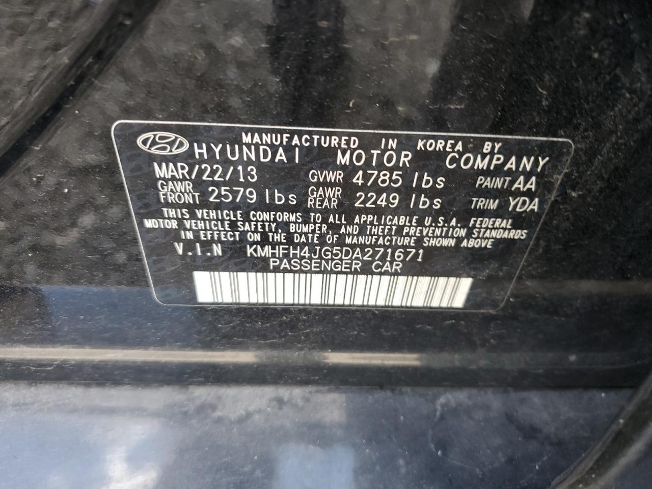 2013 Hyundai Azera Gls VIN: KMHFH4JG5DA271671 Lot: 82290125