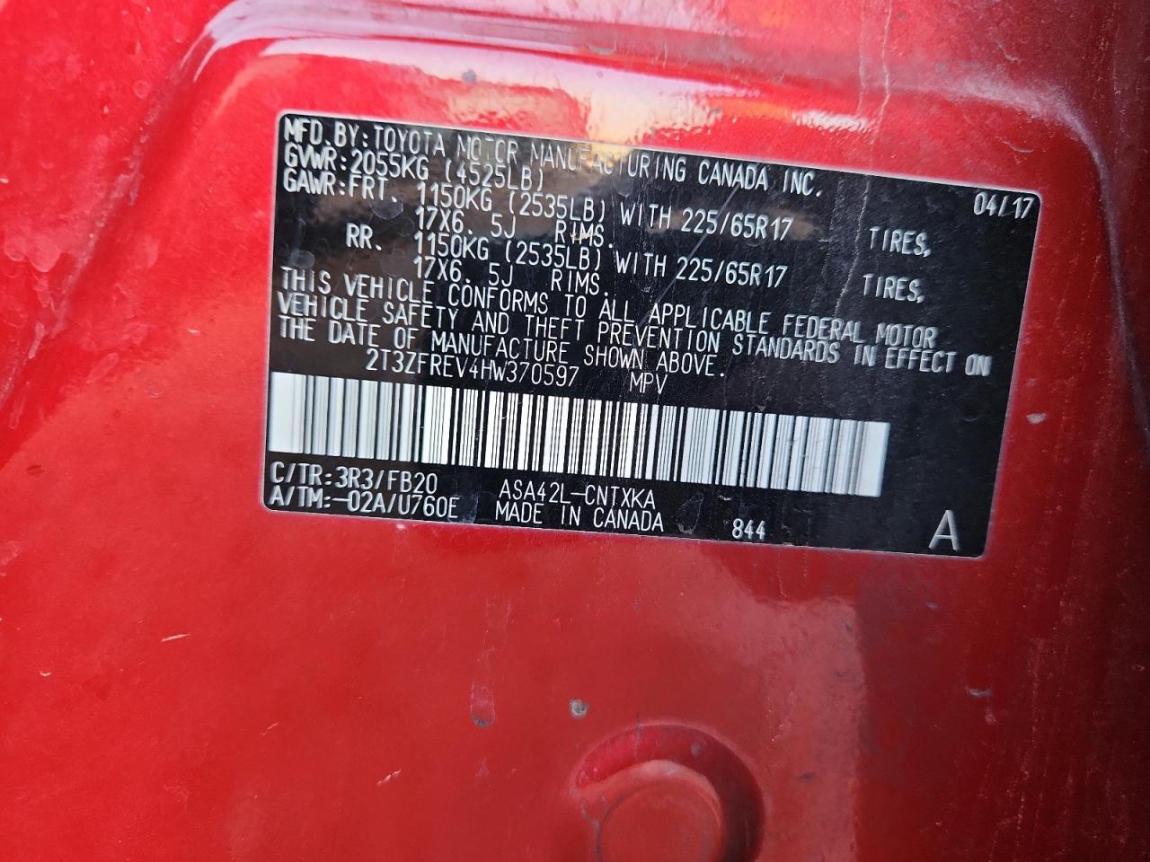 2017 Toyota Rav4 Le VIN: 2T3ZFREV4HW370597 Lot: 82325755