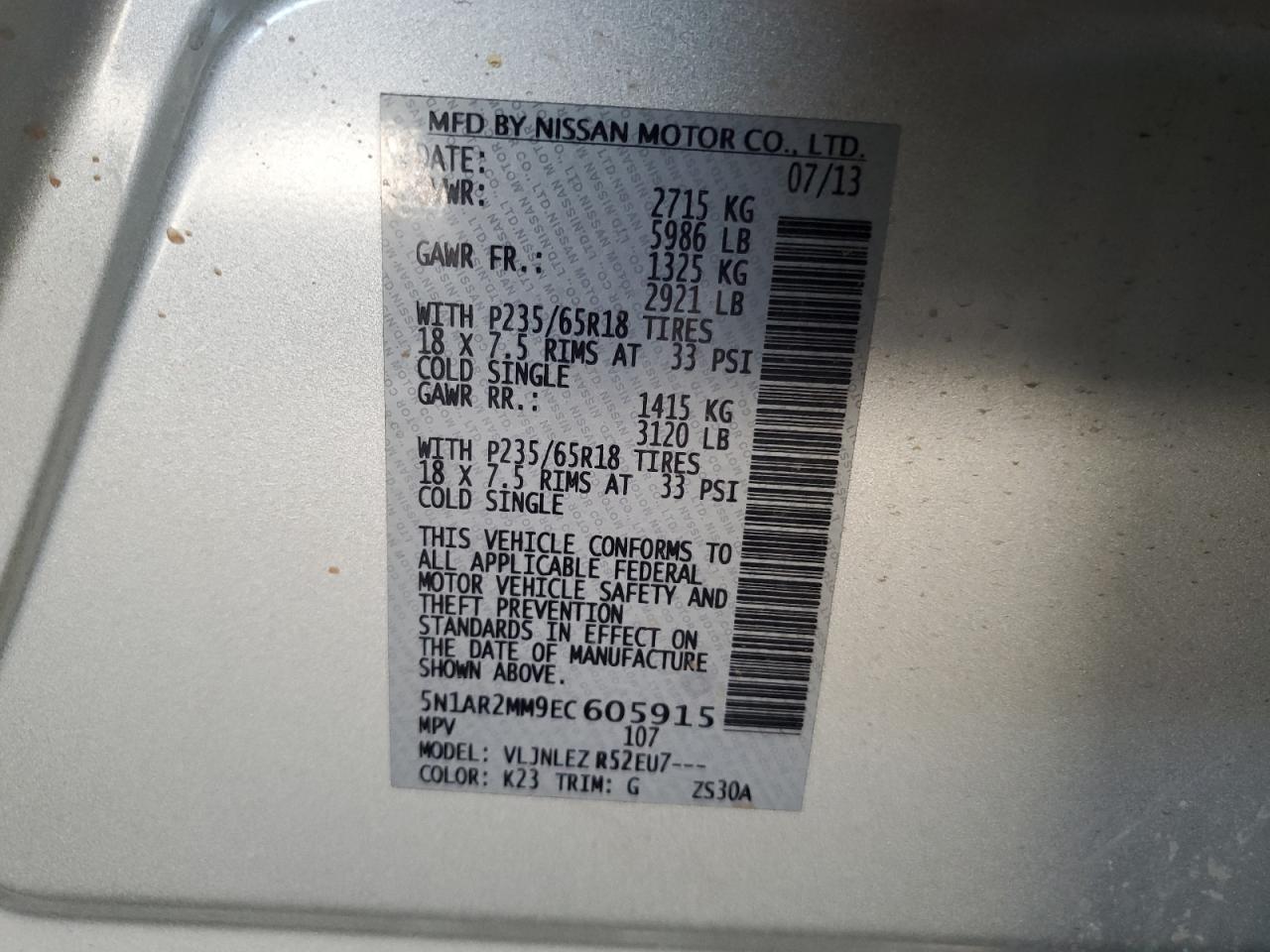 2014 Nissan Pathfinder S VIN: 5N1AR2MM9EC605915 Lot: 80728455